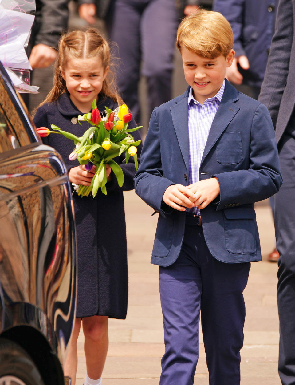 Prince George and Princess Charlotte speak to wellwishers during their visit to Cardiff Castle to meet performers and crew involved in the special Platinum Jubilee Celebration Concert taking place in the castle grounds later in the afternoon, as members of the Royal Family visit the nations of the UK to celebrate Queen Elizabeth II's Platinum Jubilee. Picture date: Saturday June 4, 2022. (Photo by Ben Birchall/PA Images via Getty Images)