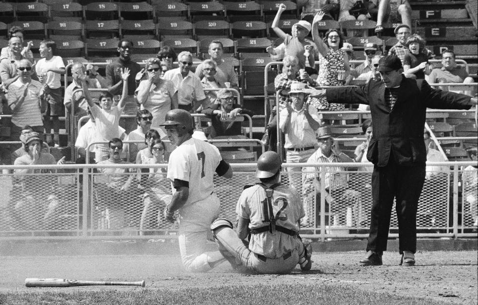 Red Wings right fielder Sam Parrilla (7) is safe at home against Winnipeg on August 8, 1971 at Silver Stadium. The Wings would win the game 10-3.