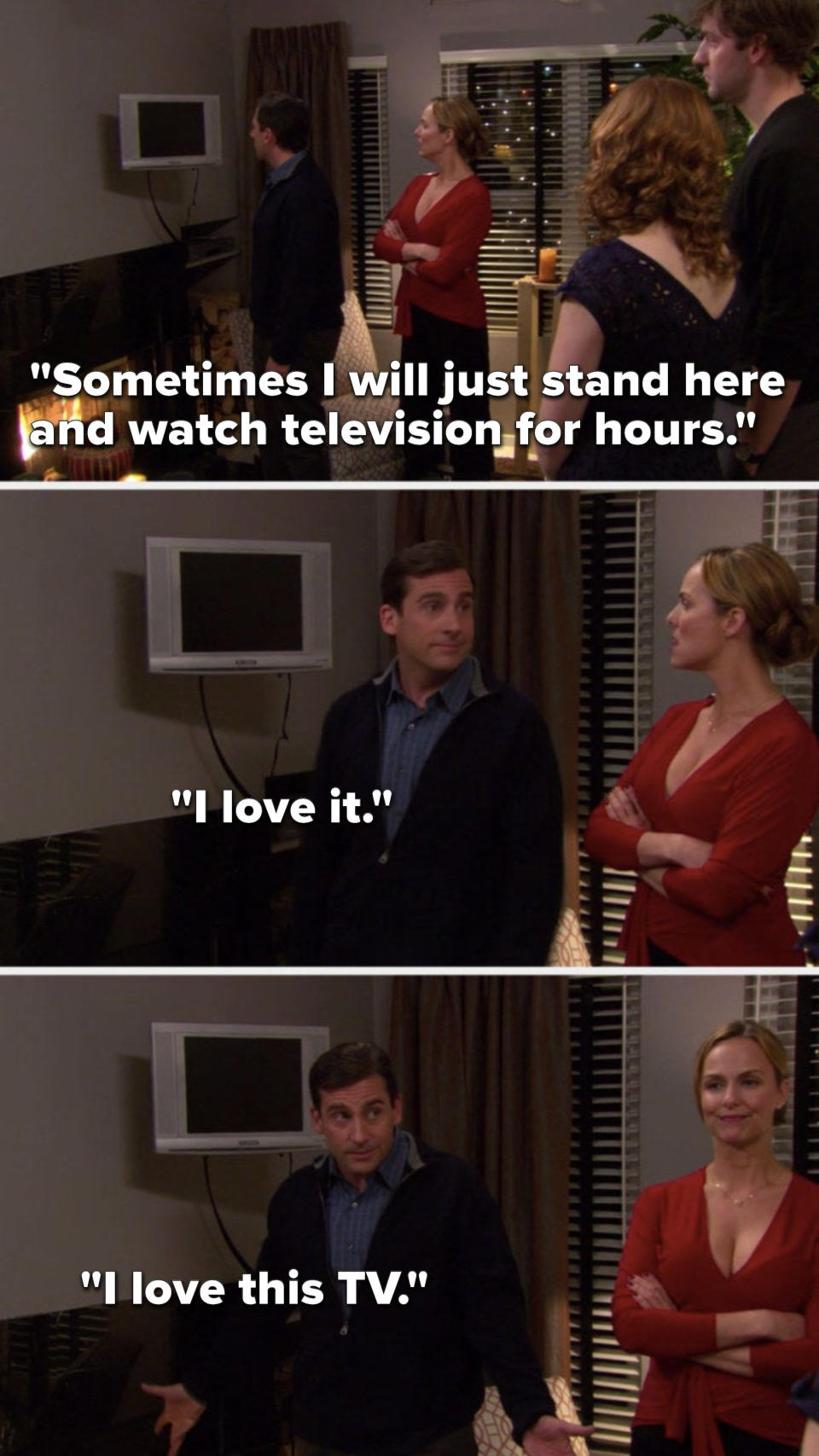 Michael says, "Sometimes I will just stand here and watch television for hours, I love it, I love this TV"