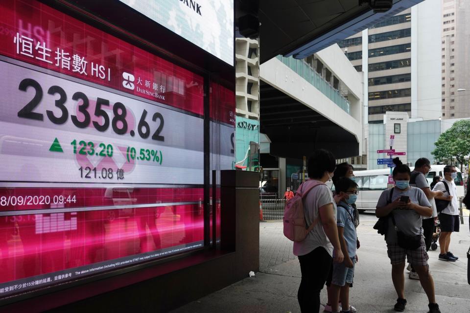 People wearing face mask walk past a bank's electronic board showing the Hong Kong share index in Hong Kong Monday, Sept. 28, 2020. Asian shares were mostly higher in muted trading Monday, ahead of the first U.S. presidential debate and a national holiday in China later in the week.(AP Photo/Vincent Yu)