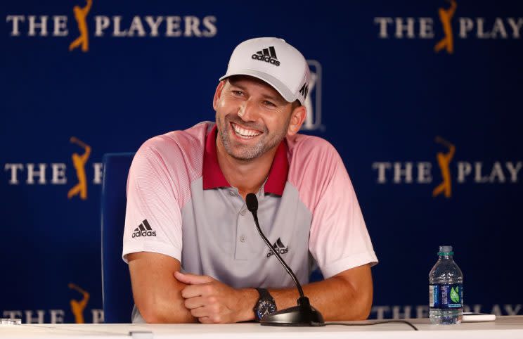 Sergio Garcia of Spain speaks to the media prior to the THE PLAYERS Championship on May 10, 2017. (Getty Images)