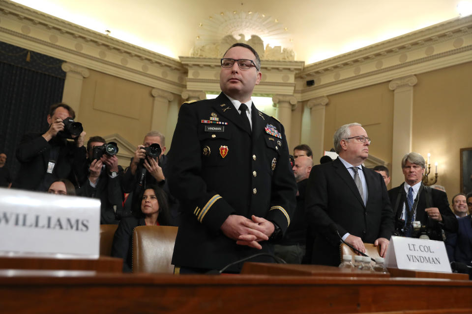 Alexander Vindman (C), National Security Council Director for European Affairs, arrives to testify before the House Intelligence Committee in the Longworth House Office Building on Capitol Hill November 19, 2019 in Washington, D.C.  / Credit: Getty Images