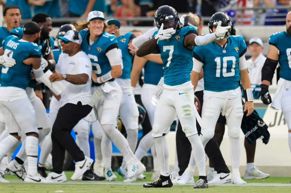 Jacksonville Jaguars wide receiver Brian Thomas Jr. (7) reacts to his reception during the first quarter of a preseason NFL football game Saturday, Aug. 10, 2024 at EverBank Stadium in Jacksonville, Fla. [Corey Perrine/Florida Times-Union]