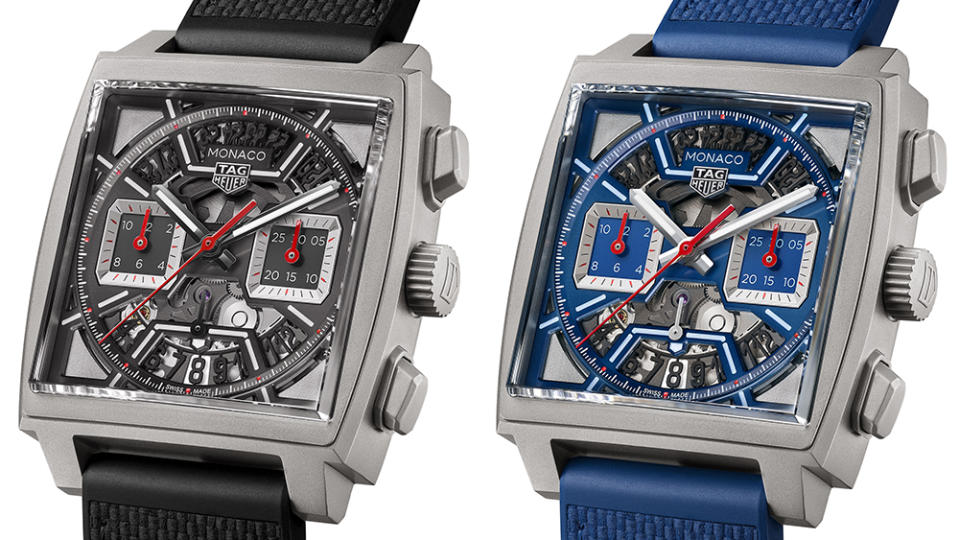 Tag Heuer Monaco Chronographs in Racing Red (left) and Original Blue (right)