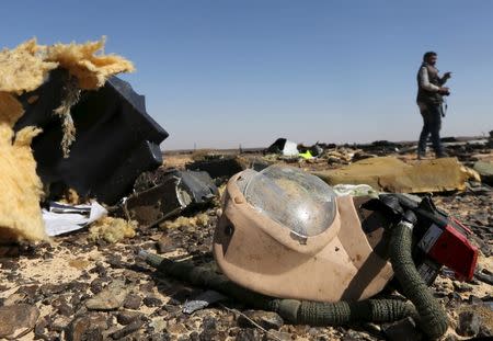 A debris from a Russian airliner is seen at its crash site at the Hassana area in Arish city, north Egypt, November 1, 2015. REUTERS/Mohamed Abd El Ghany