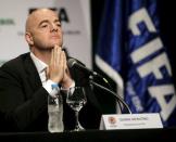 FIFA President Gianni Infantino gestures during a news conference at the South American Football Confderation (CONMEBOL) headquarters in Luque, Paraguay in this March 28, 2016 file picture. REUTERS/Jorge Adorno/Files