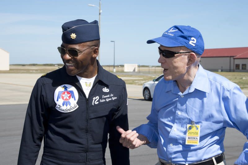 Air Force General and NASA Project Gemini and Apollo Program Astronaut Thomas Stafford (R) meets a member of the USAF Thunderbirds flight crew after the team arrived at Patrick Air Force Base, Fla., on March 21, 2013. File Photo by Joe Marino-Bill Cantrell/UPI