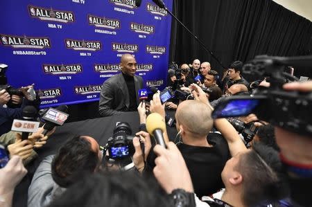 Feb 12, 2016; Toronto, Ontario, Canada; Western Conference forward Kobe Bryant of the Los Angeles Lakers (24) speaks during media day for the 2016 NBA All Star Game at Sheraton Centre. Bob Donnan-USA TODAY Sports