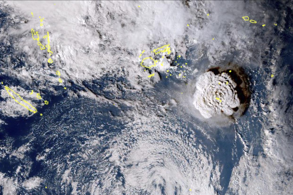 In this satellite image taken by Himawari-8, a Japanese weather satellite, and released by the agency, shows an undersea volcano eruption at the Pacific nation of Tonga on Saturday.