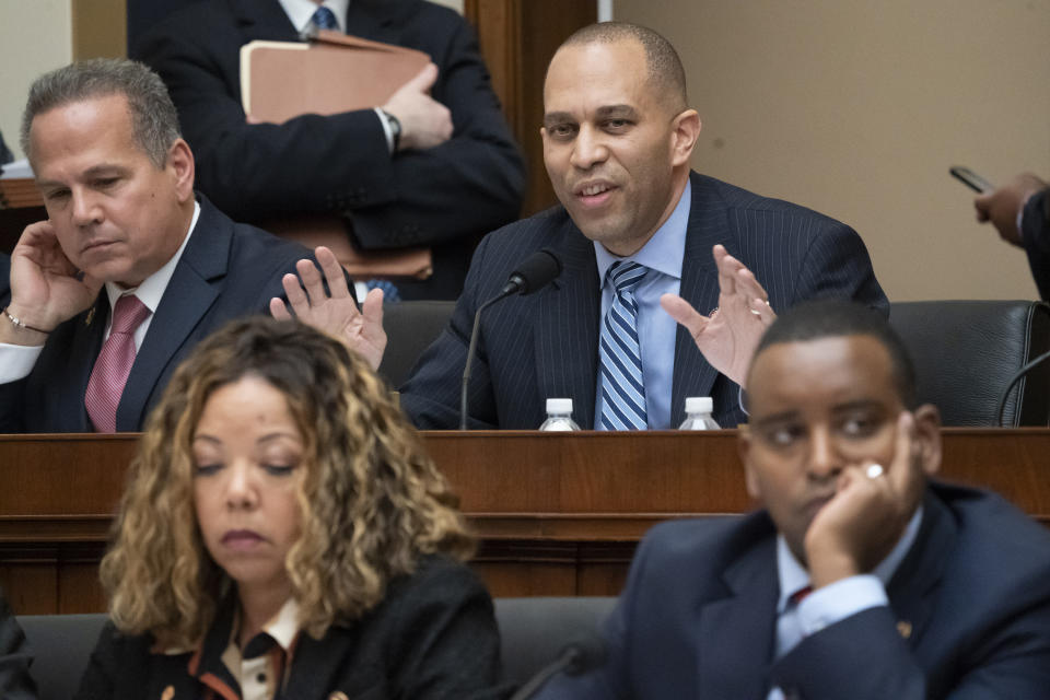 In this Feb. 8, 2019 photo, Rep. Hakeem Jeffries, D-N.Y., top center, questions Acting Attorney General Matthew Whitaker on Capitol Hill in Washington. (AP Photo/J. Scott Applewhite)