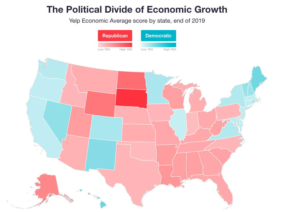 The Yelp Economic Average reported a 1.3% decline in economic strength, but Republican-leaning states appeared to see higher growth. Source: Yelp