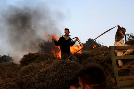 Locals try to extinguish a fire as a wildfire burns near the village of Varnavas, north of Athens, Greece, August 14, 2017. REUTERS/Alkis Konstantinidis