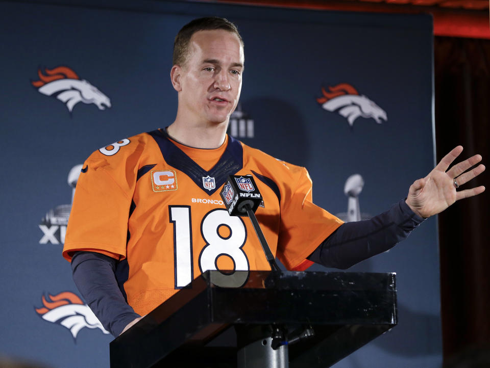 Denver Broncos quarterback Peyton Manning talks with reporters during a news conference Thursday, Jan. 30, 2014, in Jersey City, N.J. The Broncos are scheduled to play the Seattle Seahawks in the NFL Super Bowl XLVIII football game Sunday, Feb. 2, in East Rutherford, N.J. (AP Photo)