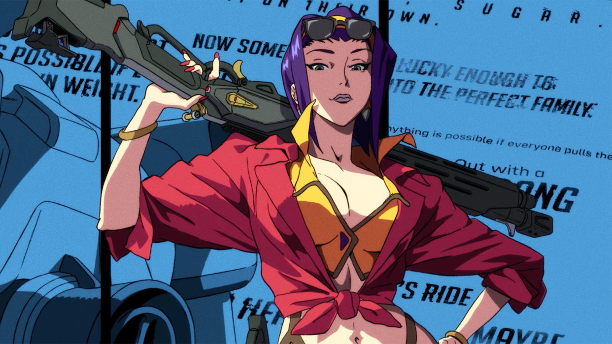  Stylized art of Overwatch 2 character Ashe as Cowboy Bebop's Faye Valentine. 