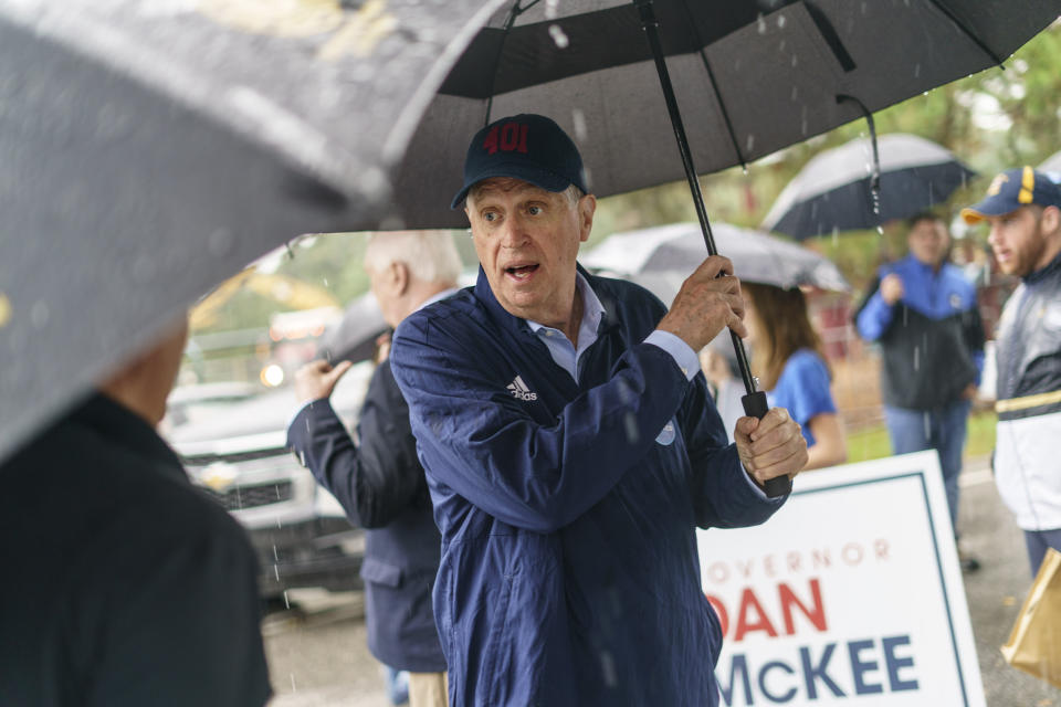Rhode Island Gov. Dan McKee speaks to supporters after casting his vote in the state's primary election at the Community School, Tuesday, Sept. 13, 2022, in Cumberland, R.I. (AP Photo/David Goldman)