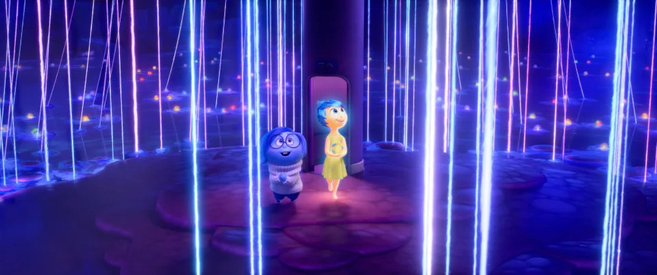 Sadness and Joy walking through Riley's Sense of Self in Inside Out 2