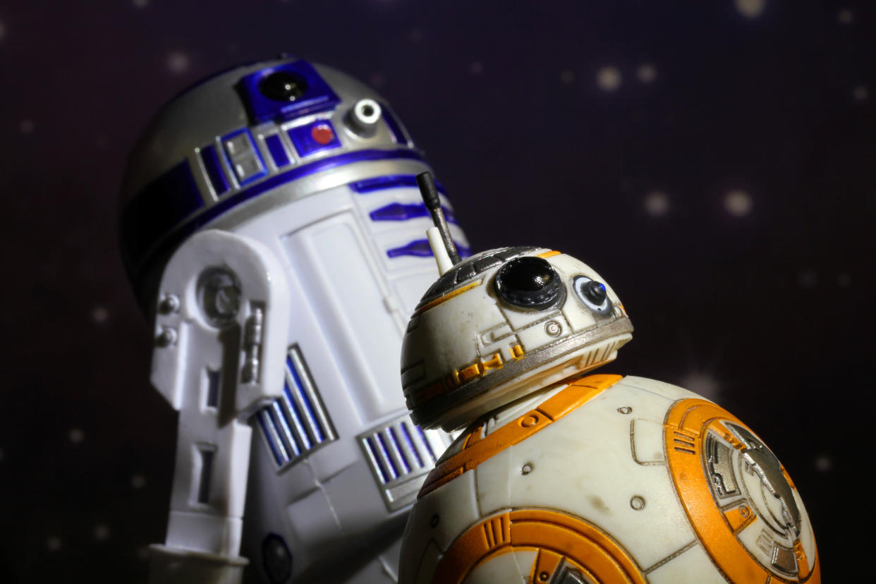 Vancouver, Canada - January 24, 2016: Models of R2-D2 and BB8 droids from the Star Wars Film Franchise. The toys are part of the Black Series, from Hasbro.
