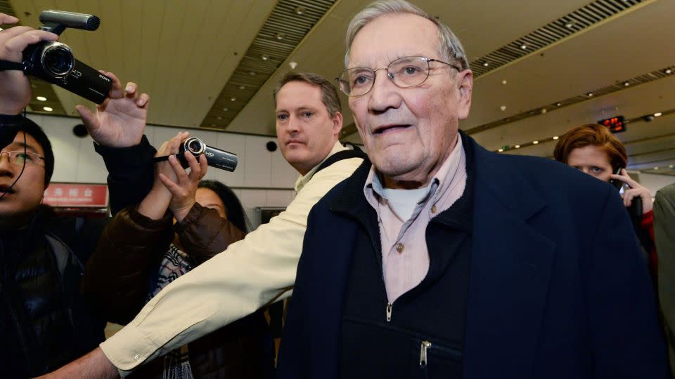 American tourist and Korean War veteran Merrill Newman arrives at Beijing airport on December 7, 2013, after being released by North Korea. Newman was detained in October 2013 by North Korean authorities shortly before he was to depart the country after visiting through an organized tour. - Kyodo News/AP