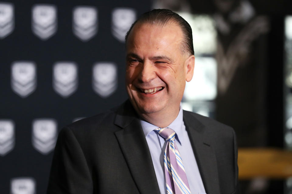 SYDNEY, AUSTRALIA - AUGUST 10: Australian Rugby League Commission Chairman Peter V’landys laughs as he speaks to the media during a NRL media opportunity at Rugby League Central on August 10, 2020 in Sydney, Australia. (Photo by Mark Kolbe/Getty Images)