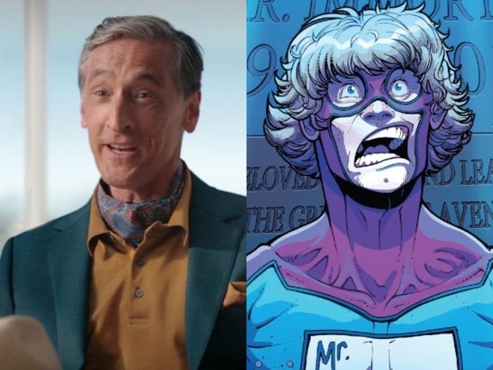 David Pasquesi as Craig Hollis next to art of Mr. Immortal from "Great Lakes Avengers" #3