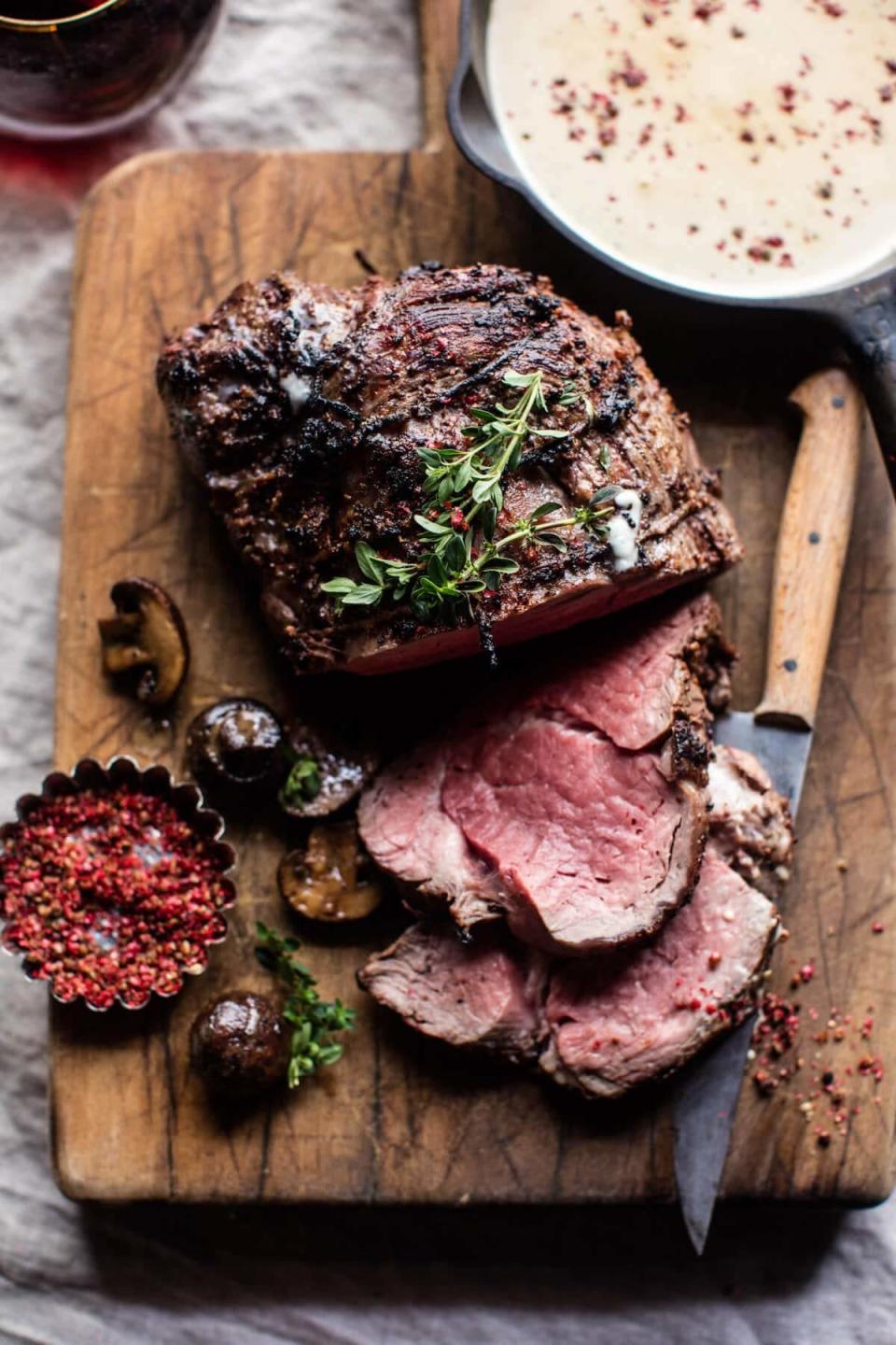 <strong>Get the <a href="https://www.halfbakedharvest.com/roasted-beef-tenderloin-with-mushrooms-and-white-wine-cream-sauce/" target="_blank">Roasted Beef Tenderloin with Mushrooms and White Wine Cream Sauce recipe</a>&nbsp;from Half Baked Harvest</strong>