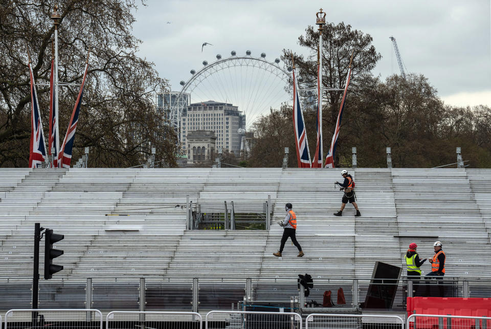 A spectator stand is constructed near Buckingham Palace on April 18, 2023.<span class="copyright">Carl Court—Getty Images</span>