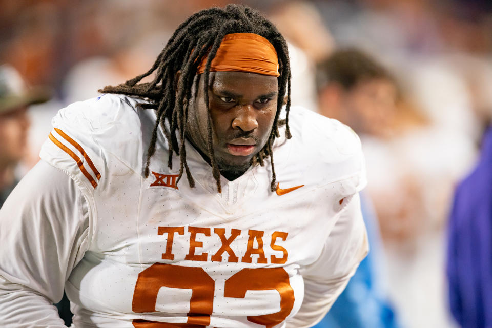 FORT WORTH, TX - NOVEMBER 11: Texas Longhorns defensive lineman T'Vondre Sweat (93) walks the sideline during a game between the Texas Longhorns and TCU Horned Frogs college football game on November 11, 2023 at Amon G. Carter Stadium in Fort Worth, TX. (Photo by Chris Leduc/Icon Sportswire via Getty Images)