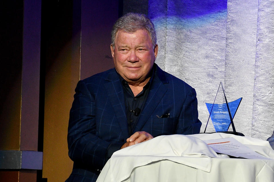 William Shatner speaks onstage before presenting the 2021 Mensch of the Year award to Scott Seigel