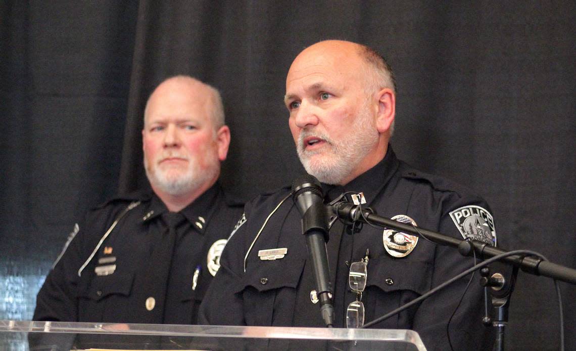 Moscow police Capt. Roger Lanier, right, speaks at a news conference Wednesday, Nov. 23, on progress in the investigation of the Nov. 13 stabbing deaths of four University of Idaho students. At left is Moscow police Chief James Fry.