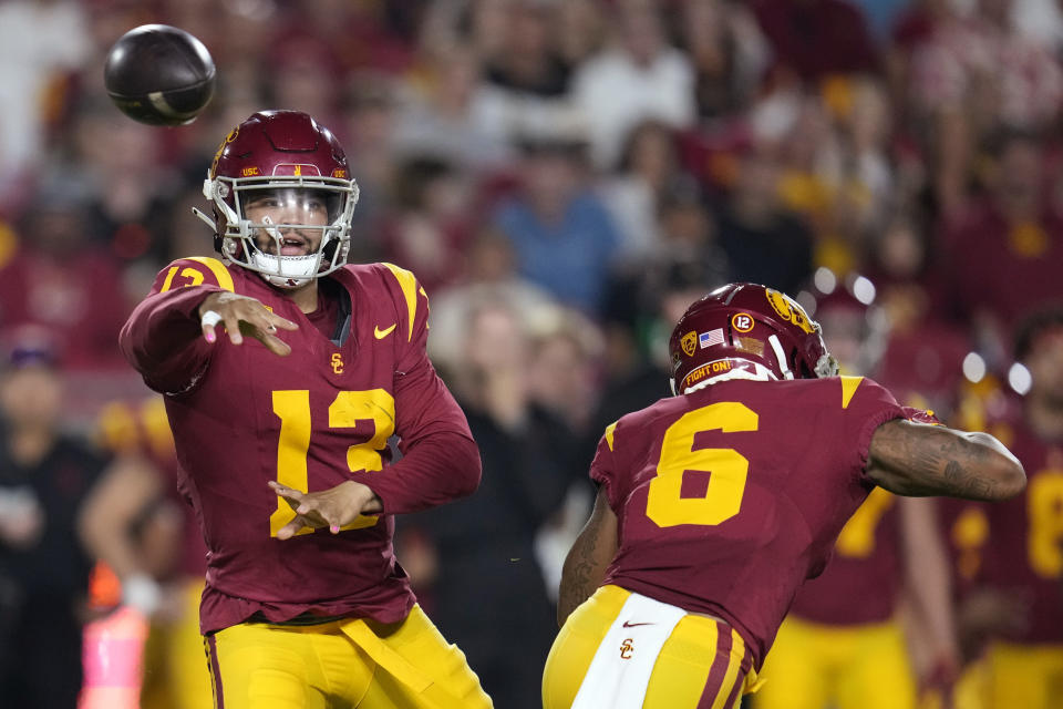 Will Caleb Williams and USC stay undefeated on the road at Notre Dame? (AP Photo/Marcio Jose Sanchez)