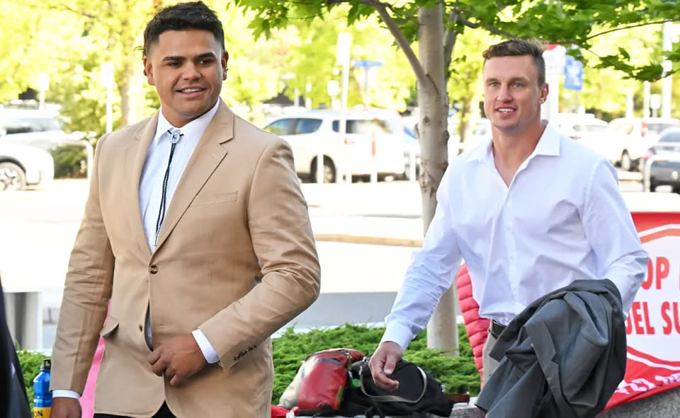 Latrell Mitchell and Jack Wighton at ACT Magistrates Court in Canberra. (AAP Image/Mick Tsikas)
