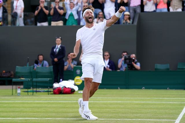 Liam Broady celebrates his epic five-set win 