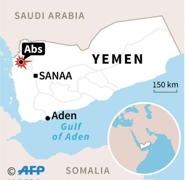 Map of Yemen locating the northern city of Abs, where MSF says air strikes hit a hospital