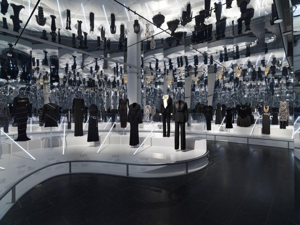 <p>Among those in this reflective room are a 2003 Azzedine Alaïa dress, a 1973 Halston dress with an Elsa Peretti belt, and a 1976 Yves Saint Laurent haute couture ensemble. </p>