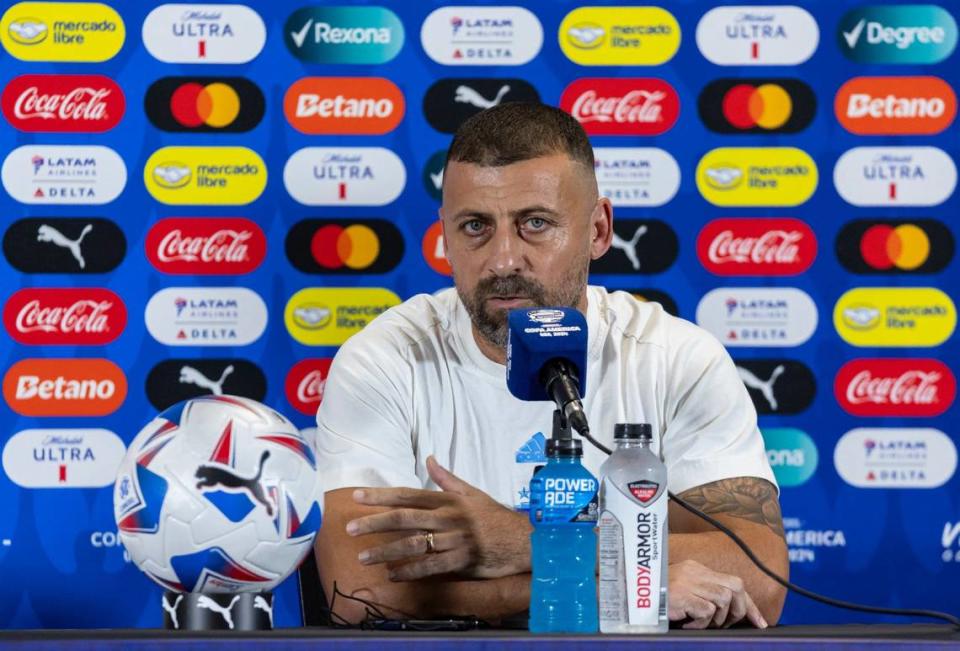 Argentina assistant coach Walter Samuel speaks during a press conference ahead of their CONMEBOL Copa America 2024 group A soccer match against Peru at Hard Rock Stadium on Friday, June 28, 2024, in Miami Gardens, Fla.