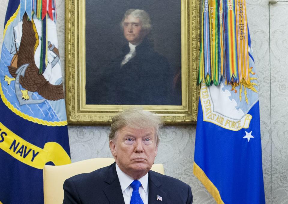 U.S. President Donald Trump, left, and First Lady Melania Trump listen during a meeting with Ivan Duque, Colombia's president, not pictured, in the Oval Office of the White House in Washington, D.C., U.S., on Feb. 13, 2019. (Photo: Michael Reynolds/Pool via Bloomberg)