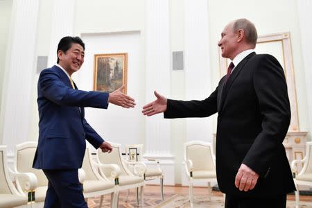 Russian President Vladimir Putin (R) shakes hands with Japanese Prime Minister Shinzo Abe during a meeting at the Kremlin in Moscow, Russia January 22, 2019. Alexander Nemenov/Pool via REUTERS