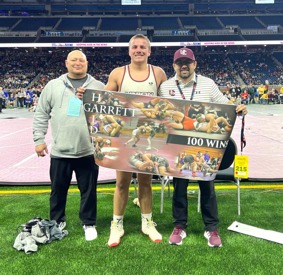 Union City senior Garrett Halder secured career win 100 in his first victory at the state finals on Friday. Halder finished in 7th place at 215 pounds.