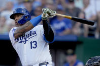 Kansas City Royals' Salvador Perez watches his two-run single during the first inning of a baseball game against the Oakland Athletics Saturday, May 18, 2024, in Kansas City, Mo.(AP Photo/Charlie Riedel)