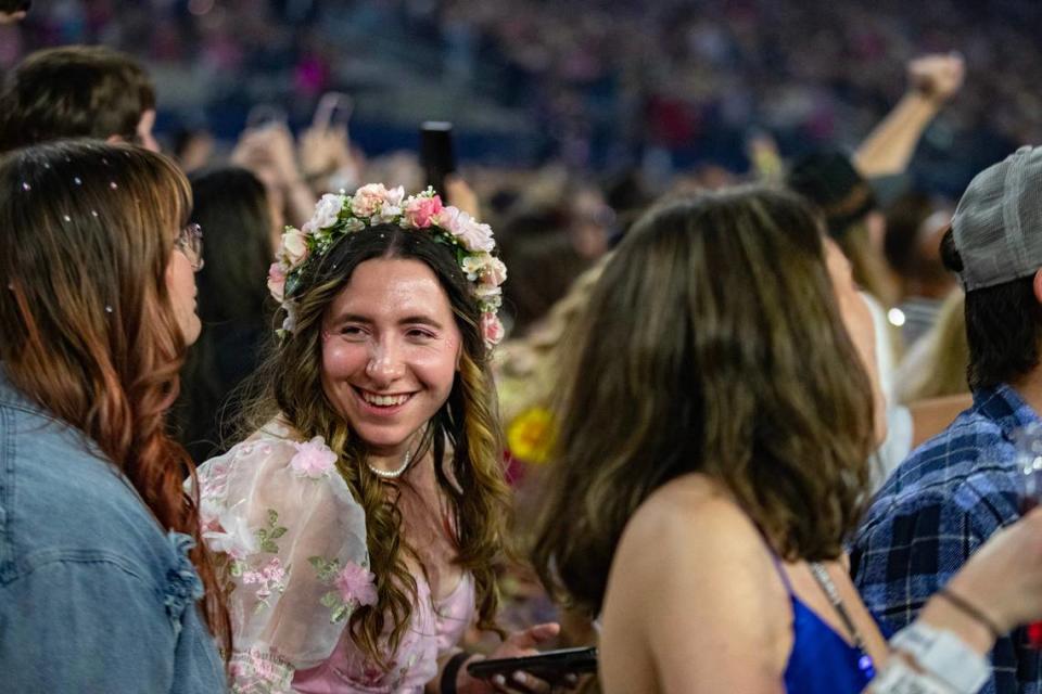 Fans get excited as seconds remain until Taylor Swift performs during her first sold-out concert of three nights at AT&T Stadium in Arlington on Friday, March 31, 2023.