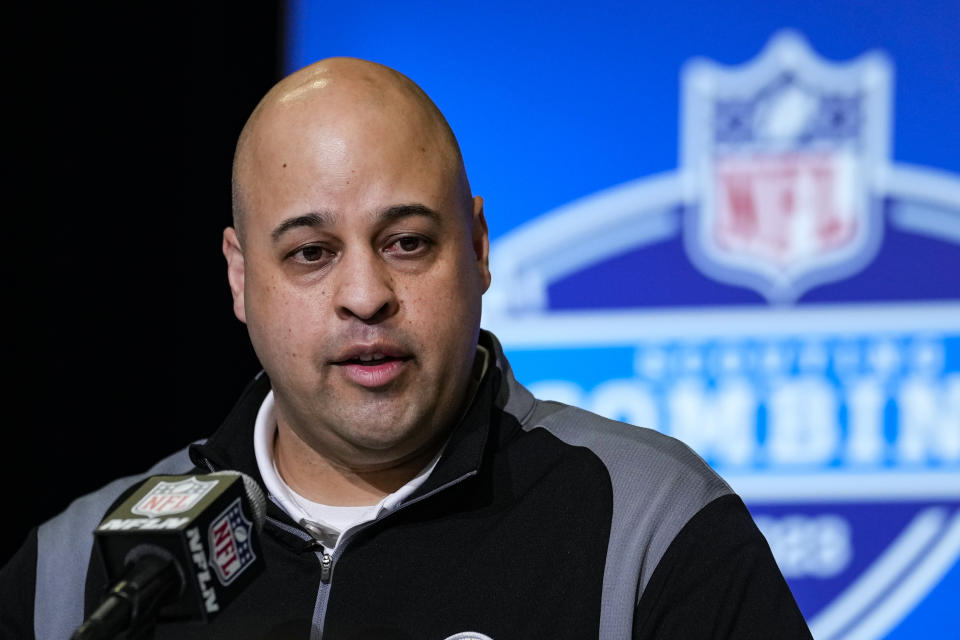 FILE - Pittsburgh Steelers general manager Omar Khan speaks during a press conference at the NFL football scouting combine in Indianapolis, Tuesday, Feb. 28, 2023. Khan will conduct his first NFL draft in his new role when the NFL draft begins April 28. The Steelers have the 17th overall selection in the first round. (AP Photo/Michael Conroy, File)