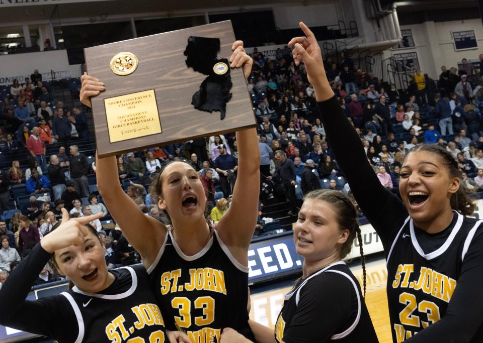 SJV celebrate their win. St. John Vianney defeats Manasquan 33-27 in Shore Conference Girls Basketball Final in West Long Branch, NJ on February 18, 2024.