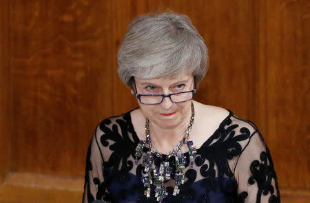 Britain's Prime Minister Theresa May delivers a speech during the annual Lord Mayor's Banquet at Guildhall in London, Britain, November 12, 2018. REUTERS/Henry Nicholls