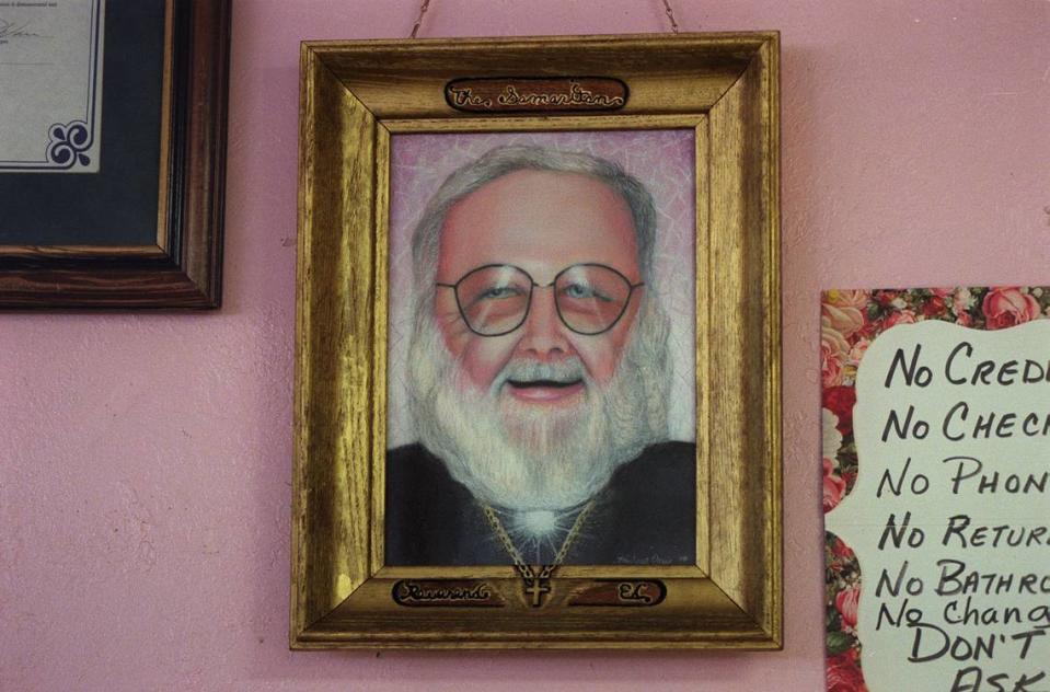 A portrait of the Rev. Ed Sherriff, director of the Samaritan Center run by the Cathedral of Promise Metropolitan Community Church, hangs on the wall of the center as a memorial after Sherriff’s 1999 slaying.