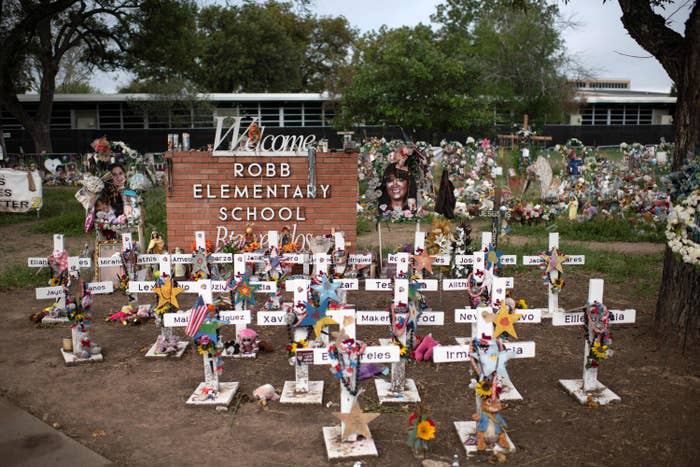 Crosses set up to honor those who lost their lives during the Robb Elementary School shooting in Uvalde, Texas, on Nov. 8, 2022.