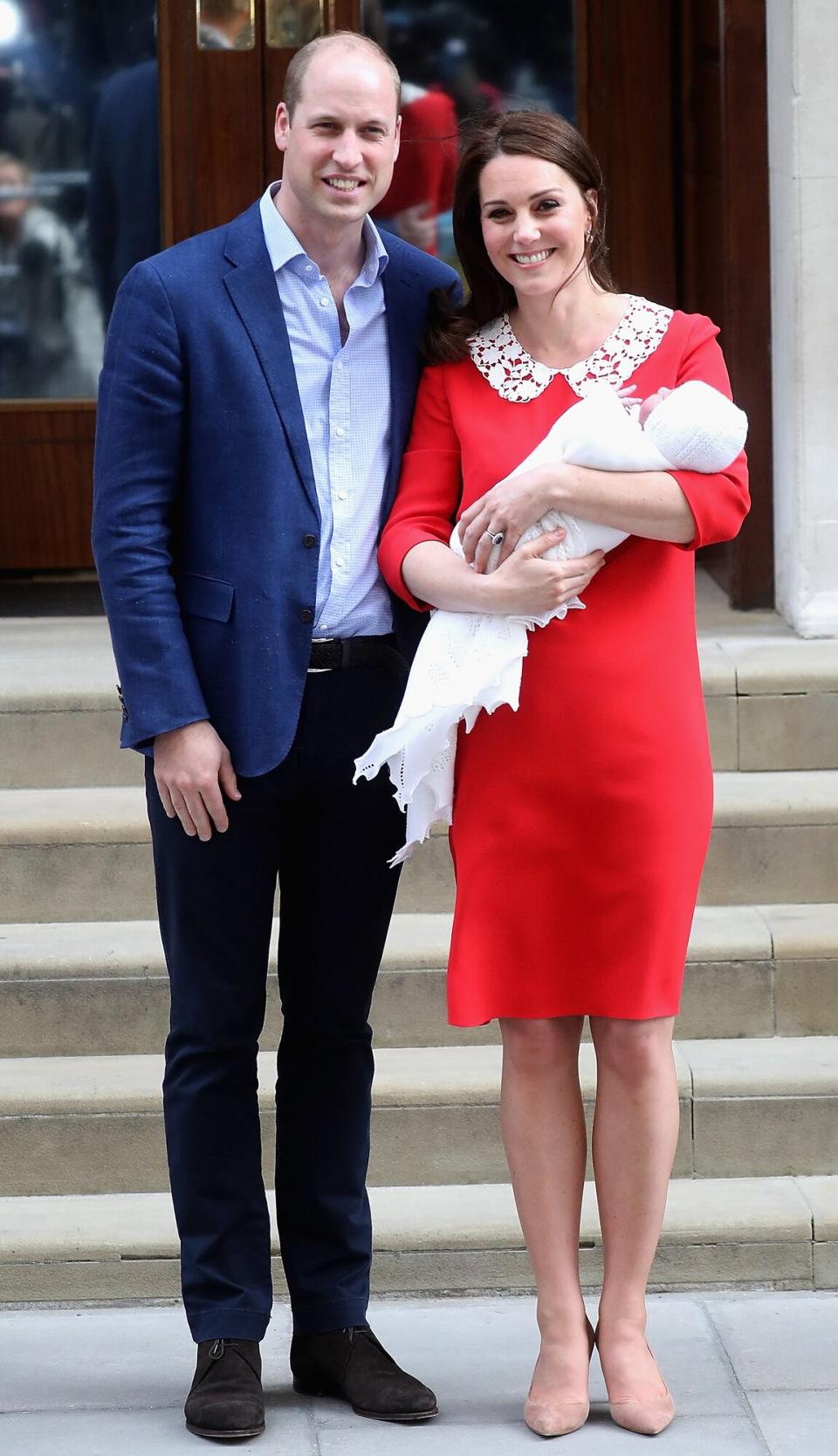 Prince William, Duke of Cambridge and Catherine, Duchess of Cambridge depart the Lindo Wing with their new born son Prince Louis of Cambridge at St Mary's Hospital on April 23, 2018 in London, England