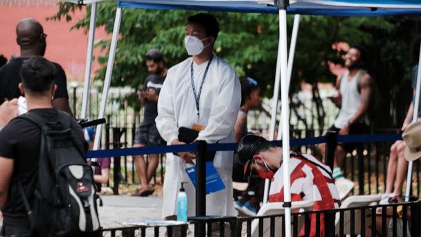 PHOTO: Healthcare workers with New York City Department of Health and Mental Hygiene work at intake tents where individuals are registered to receive the monkeypox vaccine on July 29, 2022 in New York City. (Spencer Platt/Getty Images)