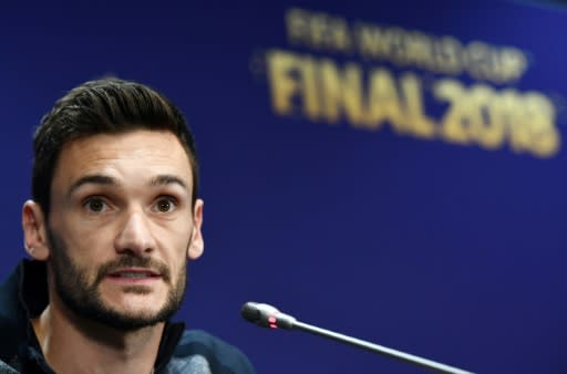 France goalkeeper Hugo Lloris speaks to the press at the Luzhniki Stadium in Moscow