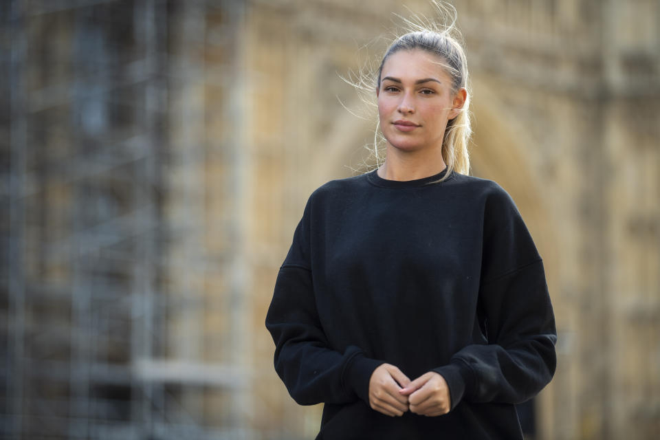 Love Island star Zara McDermott joins Refuge, a domestic violence charity, near Parliament Square in London to campaign for people threatening to share intimate images to be made a crime. (Photo by Victoria Jones/PA Images via Getty Images)