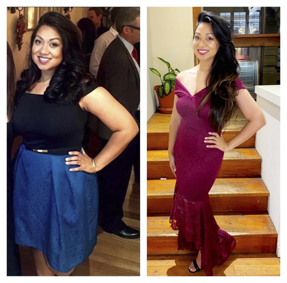 This combination of 2015 and 2019 photos provided by Sumaya Kazi shows her before and after her intermittent fasting regimen. Kazi, who posts about her success with intermittent fasting on social media, says it might seem more difficult than it is partly because overeating has become the norm. “Intermittent fasting is more of a mental challenge than a physical challenge," she says. (Courtesy Sumaya Kazi via AP)